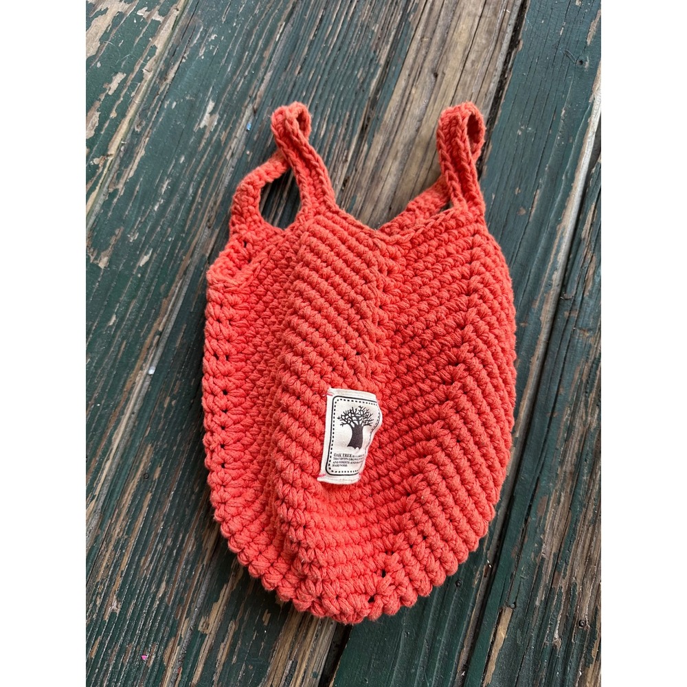 Oak Tree Coral Orange Crochet Mini Tote Bag Handmade Knit Small Market Bag